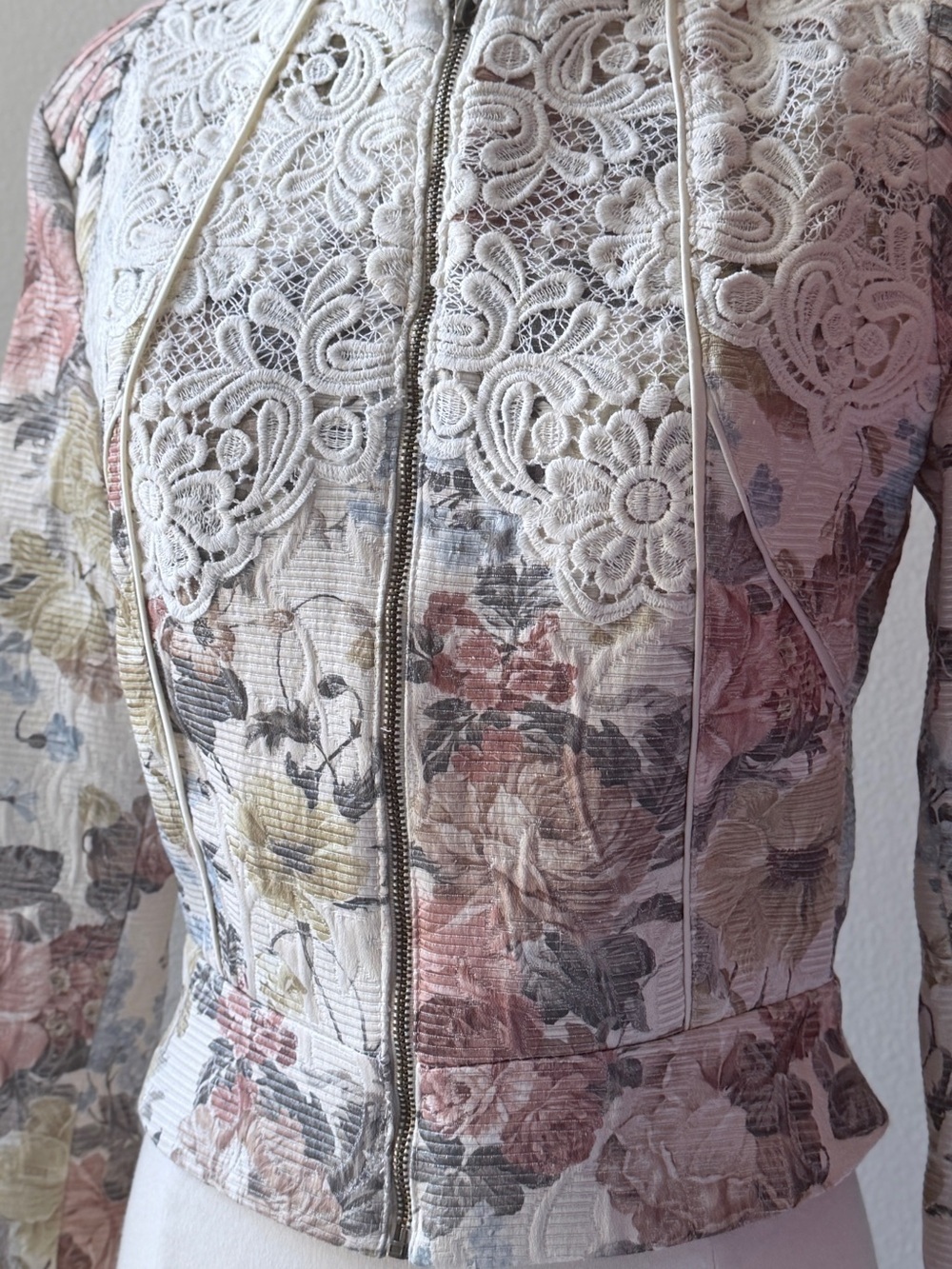 Vintage Tapestry Floral Lace Panel Zip Front Jacket — Cream, Blush & Sage - Picture 5 of 12